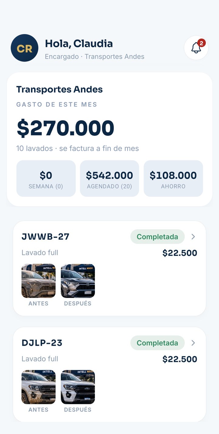 Gasto del mes de la empresa en la app y el detalle de lo lavado, con el valor de cada vehículo