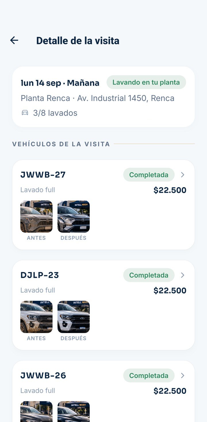 Vehículos de una visita en la app, con fotos de antes y después por patente