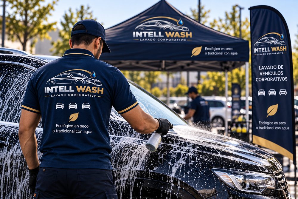 Lavador de Intell Wash de espaldas, con el logotipo en la polera, aplicando espuma a un vehículo frente a la carpa