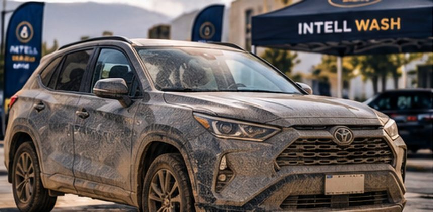 SUV gris con barro seco antes del lavado